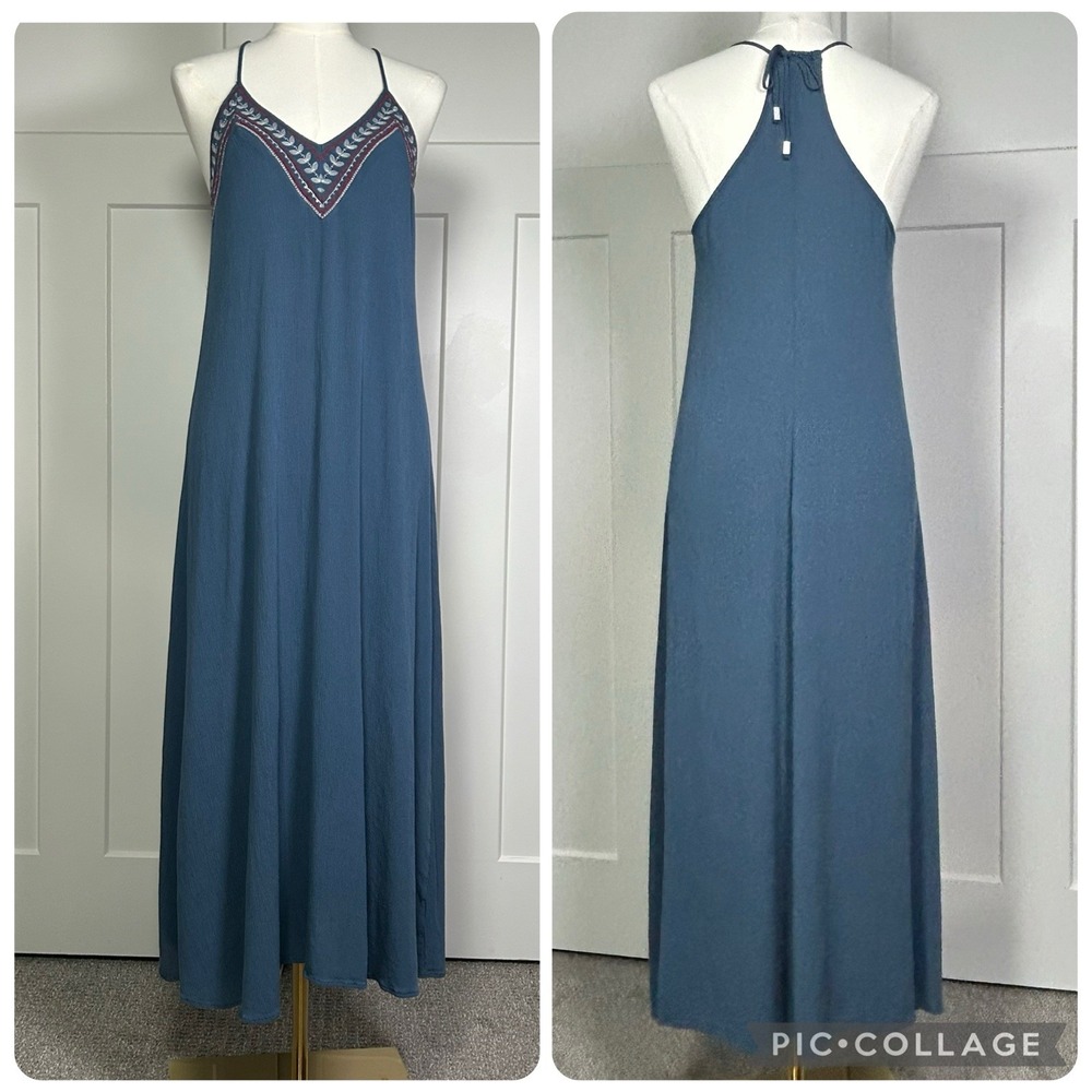 NWT* Love Stitch Size M Blue Maxi Dress Embroidered Neckline Halter Bohemian